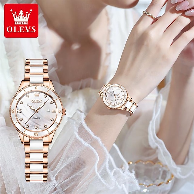  Новые брендовые женские часы olevs olevs, керамический стальной ремень с календарем, светящиеся кварцевые часы, нишевые студенческие водонепроницаемые женские наручные часы