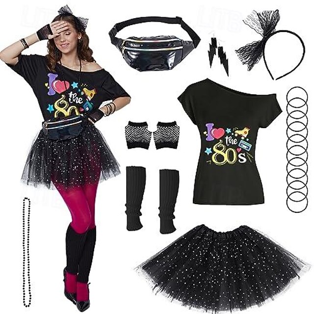 Retro Vintage 1980s T-shirt Accesories Set Fancy Dress Women's Halloween Carnival Masquerade Party / Evening Pride Parade Pride Month Adults' Skirts Gloves Leg Warmers4