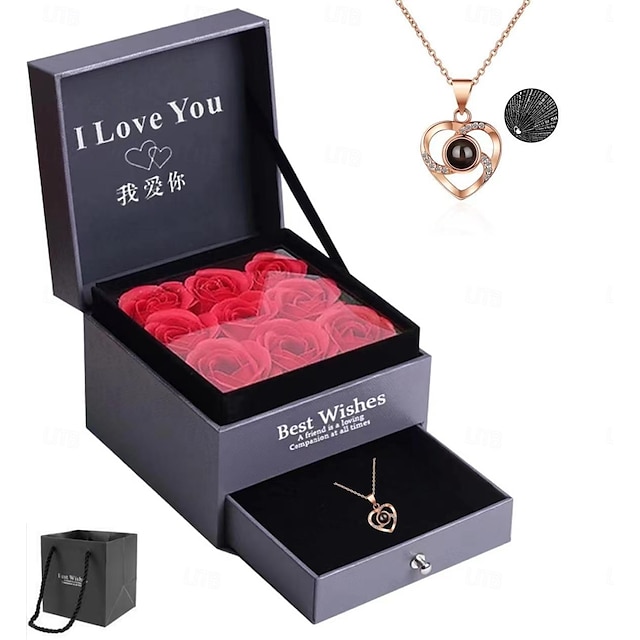  cadeaux pour la fête des femmes Saint Valentin 100 langues collier de projection en argent pur bijoux pour femmes boîte cadeau de fleur éternelle cadeau de Noël et de la Saint-Valentin cadeaux de