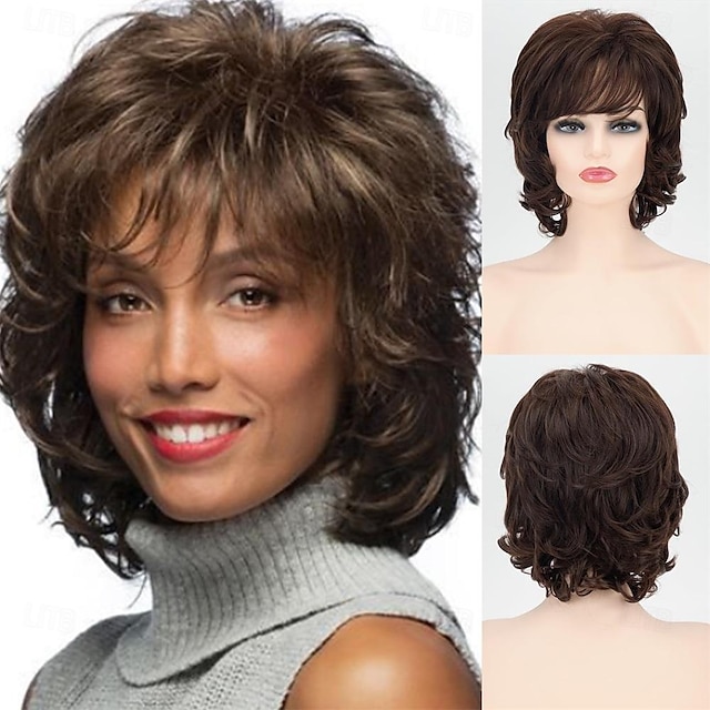  Perucas curtas onduladas marrons para mulheres brancas com franja onda média desgrenhada peruca encaracolada em camadas de aparência natural sintética peruca de festa diária