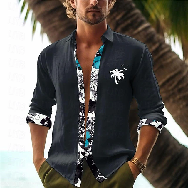 Men's Palm Tree Tropical Plants Summer Hawaiian Shirt Aloha Shirt Printed Shirts Long Sleeve Shirt Turndown Casual Daily Wear Going out Weekend Black White Pink S M L 6