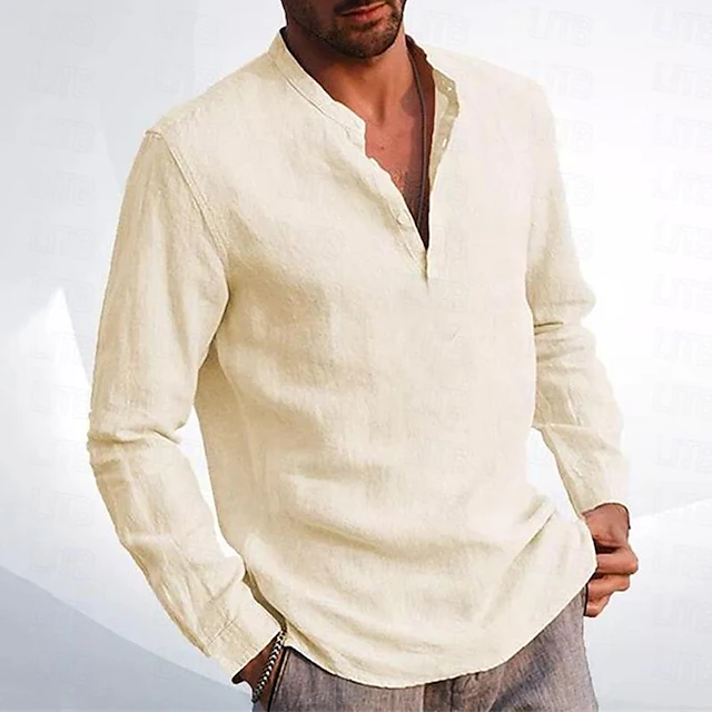 Men's Shirt Linen Shirt Chinese Collar Shirt Mandarin Collar Shirt Summer Shirt Beach Shirt Plain Vacation Hawaiian Beige Long Sleeve Standing Collar Spring & Fall Clothing Apparel Button-Down 10