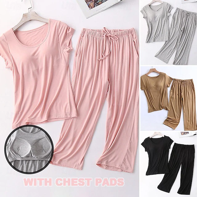 Women's Pajamas Sets Pure Color Simple Comfort Home Daily Bed Modal Breathable Crew Neck Short Sleeve T shirt Tee Pant Chest pads Summer Home Outfits 14
