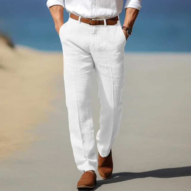 Men'S Summer Linen Dress Pants Yellow Flat Front Pant