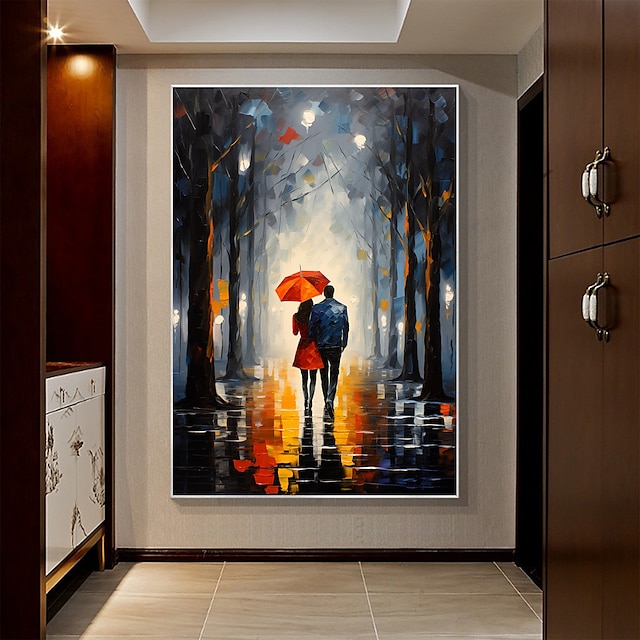  Pintura a óleo de casal romântico original feita à mão em tela, arte de parede, pintura abstrata de paisagem florestal para decoração de casa com moldura esticada/sem pintura de moldura interna