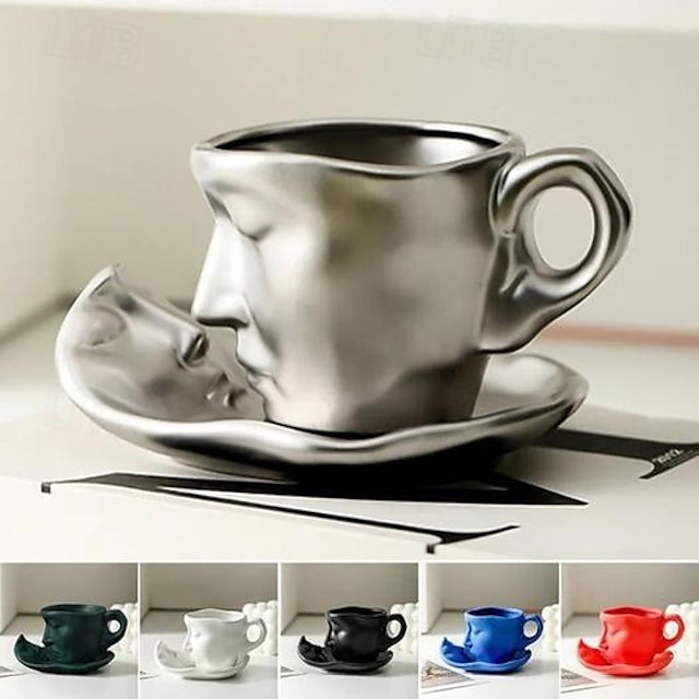  unik ansigtsformet vandkop med underkop, kreativt kaffekopsæt, mikroovn og opvaskemaskine