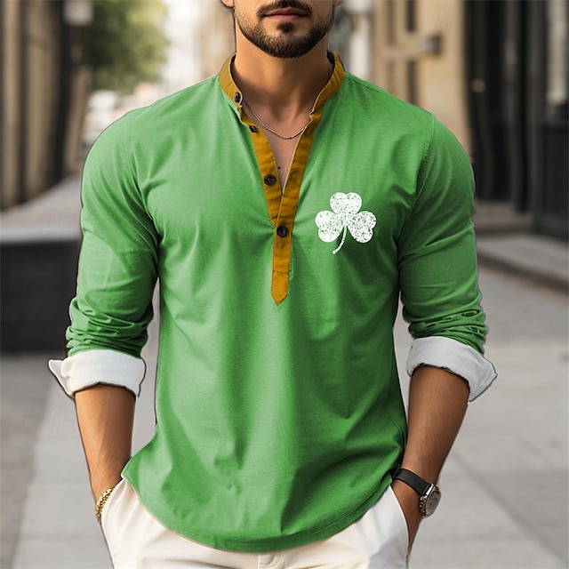  St.Patrick's Day Green Shamrock Men's 3D Printed Henley Shirt Daily Wear Vacation Going out Spring &  Fall Stand Collar Long Sleeve Blue, Brown, Green S, M, L Slub Fabric Shirt St. Patrick