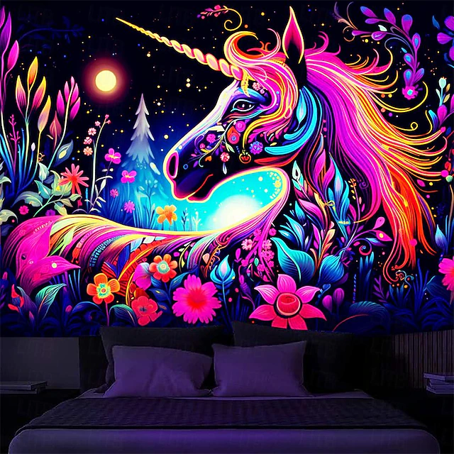 Blacklight Tapestry UV Reactive Glow in the Dark Glow Party Neon Unicorn Animal Psychedelic Trippy Misty Hanging Tapestry Wall Art Mural for Living Room Bedroom 26