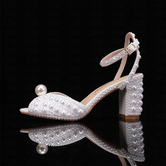  Zapatos de boda para novia, dama de honor, mujer, peep toe, sandalias de pu blancas y beige con perlas de imitación, tacón de bloque, tacón grueso, correa en el tobillo, boda, fiesta, noche, diario, elegante, clásico