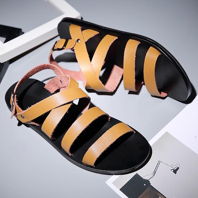  Pánské Sandály Kožené sandály Římské boty rybáři sandály Na běžné nošení Plážové Kůže Nappa Spona Černá Bílá Světle hnědá Léto