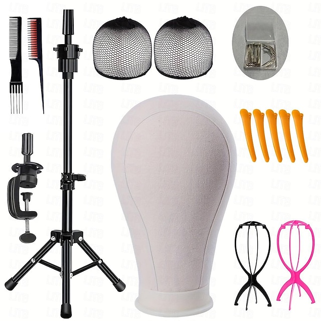  22 Inch Wig Head/ Stand Tripod with Head CanvasMannequin Head for WigsManikin Head Block SetMaking Display with Wig caps70 T &C Pins Set2 Combs2 Wig StandMni Tripod5 Hair Clips