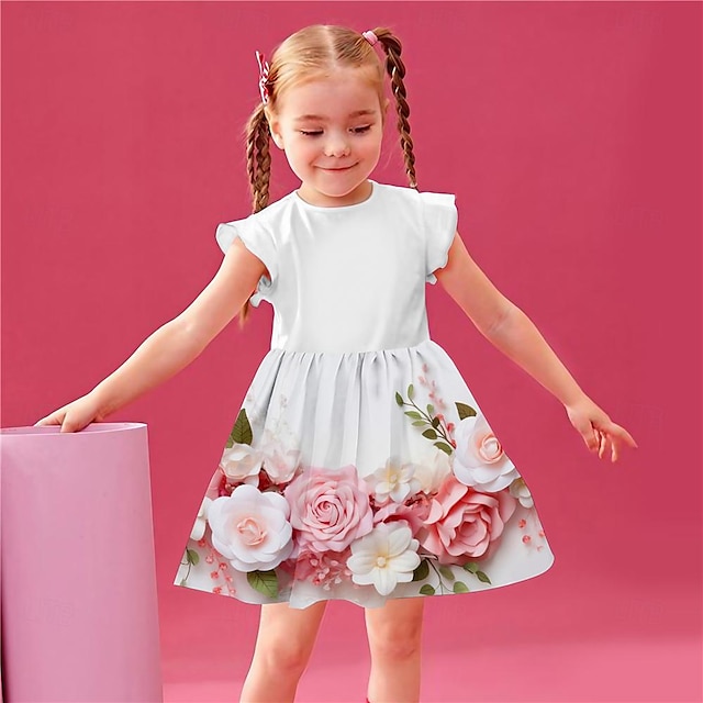  Girls' 3D Floral Ruffle Dress Pink Sleeveless 3D Print Summer Daily Holiday Casual Beautiful Kids 3-12 Years Casual Dress Tank Dress Above Knee Polyester Regular Fit
