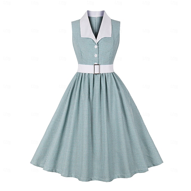 Retro Vintage 1950s Dress A-Line Dress Swing Dress Midi Women's Plaid Checkered Gingham Turndown Date Dress