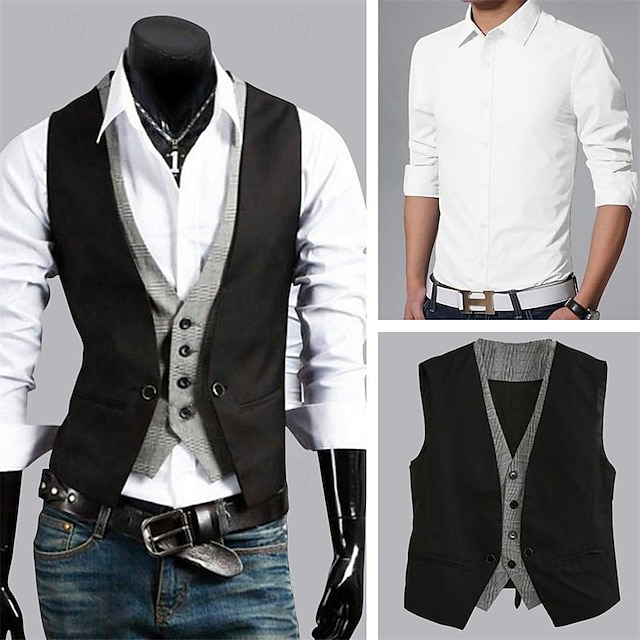 Men's Matching Sets Black Shirt Dress Shirt Vest Waistcoat Sets Long ...