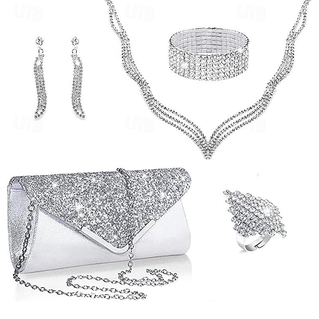  menyasszony divat gyémánt nyaklánc fülbevaló karkötő gyűrű pu flitter kézi táska vacsoratáska ötös készlet