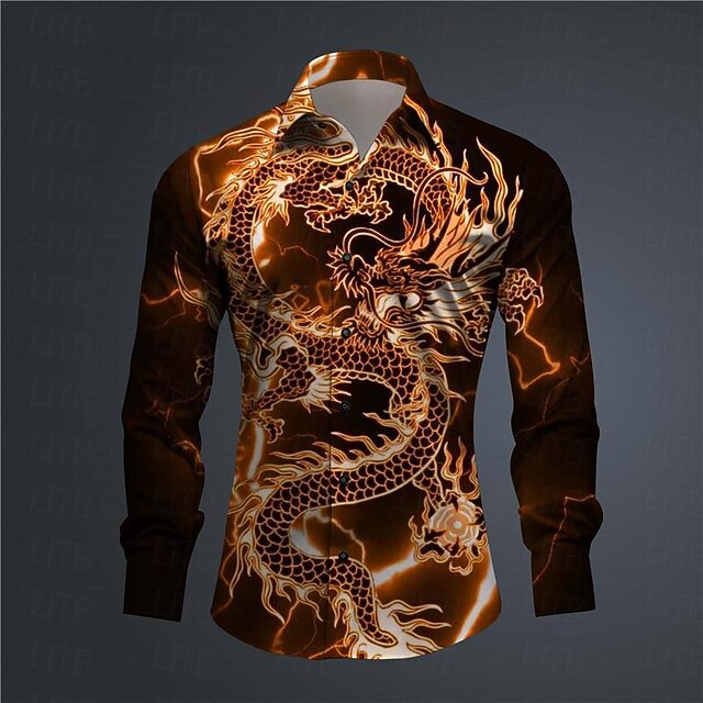 Men's Dragon Shirt Button Up Shirt Long Sleeve Abstract Daily Wear ...