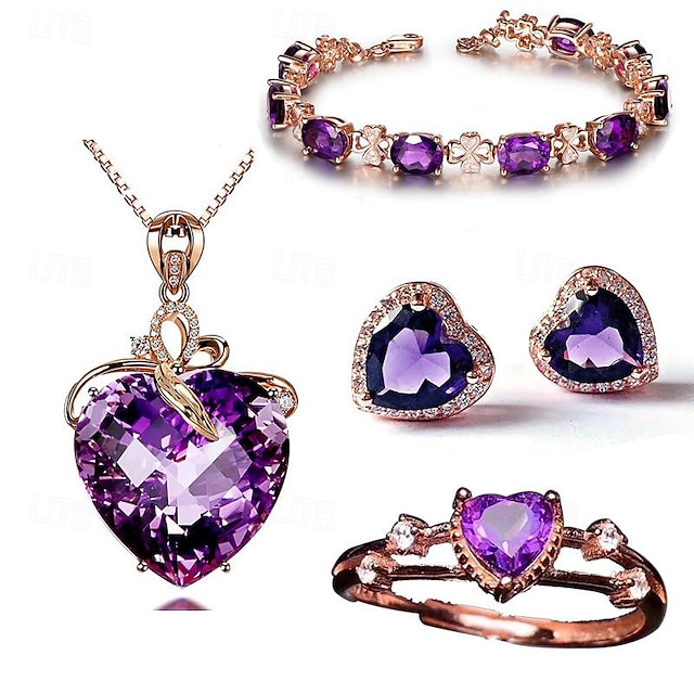  Colgante de amatista en forma de corazón, lujo europeo, pulsera de trébol de cuatro hojas, tesoro de color corazón, anillo de diamantes, temperamento, juego de pendientes de piedras preciosas púrpuras