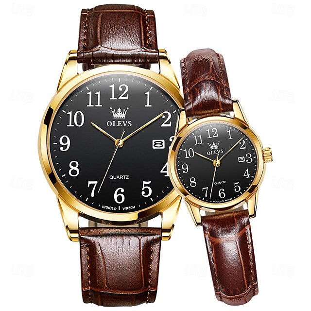  Olevs 5566 カップル腕時計愛好家のためのレザーストラップシンプルなビジネスウォッチ男性女性彼または彼女の腕時計セット 2 個の防水時計