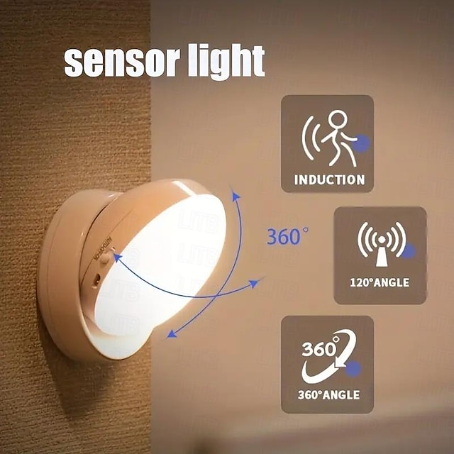  Veilleuse LED rotative à 360 degrés avec capteur de mouvement de charge USB lampe de nuit LED circulaire à économie d'énergie pour les couloirs de la chambre à coucher, la maison, la salle de bain, la