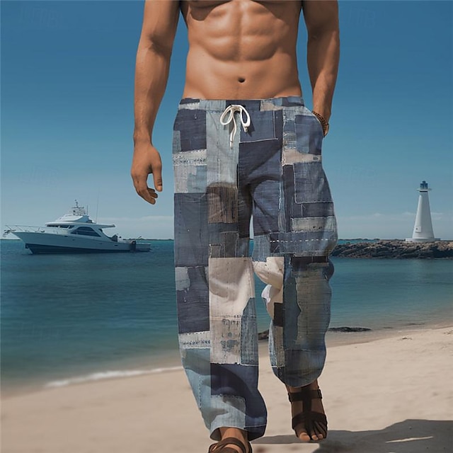  Xadrez bloco de cores masculino resort 3d impresso calças casuais calças cintura elástica cordão solto ajuste perna reta verão praia calças s a 3xl