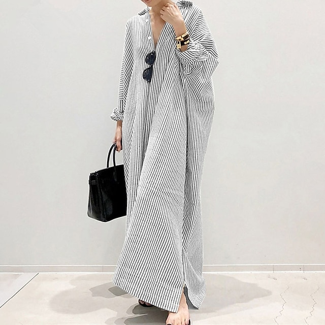  Damen Schwarz Weiß Hellgrün Sommer Frühling Herbst Maxikleid Baumwoll-Leinen-Kleider Freizeitkleid Shiftkleid Basic Lässig Outdoor Winterkleid Urlaub Lässiger Schnitt Gestreift Hemdkragen