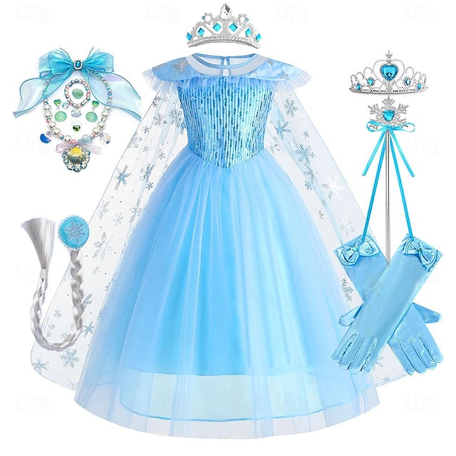  Frozen Prinzessin Märchen Elsa Kleid Austattungen Blumenmädchen Kleid Mädchen Film Cosplay Kuschelig Blau (ärmellos) Blau (lange Ärmel) Hochzeit kleid hochzeitsgast Kleid Handschuhe Halsketten