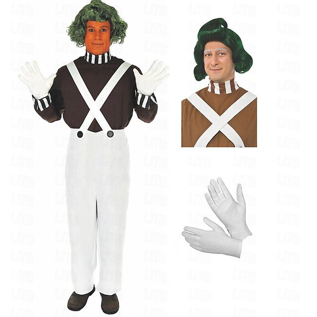 Charlie and the Chocolate Factory Wonka Oompa Loompa Cosplay Costume Men's Women's Movie Cosplay Cosplay White 1 Top Pants Gloves Halloween Carnival Masquerade Polyester With Costume Wig