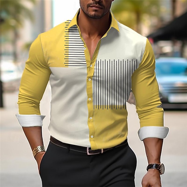  Per uomo Camicie Camicie stampate Color Block Esterno Indossalo per lavorare Giallo Blu Viola Grigio Manica lunga Collo ripiegabile Primavera estate Abbigliamento Stampa