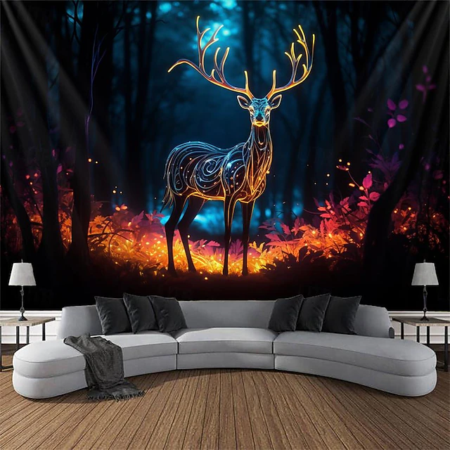 Blacklight Tapestry UV Reactive Glow in the Dark Glow Party Neon Forest Reindeer Psychedelic Trippy Misty Hanging Tapestry Wall Art Mural for Living Room Bedroom 16