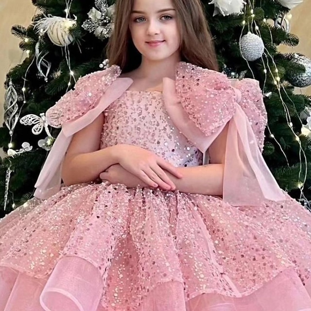  Kids Girls' Party Dress Solid Color 3/4 Length Sleeve Performance Wedding Mesh Princess Sweet Mesh Mid-Calf Sheath Dress Tulle Dress Flower Girl's Dress Summer Spring Fall 2-12 Years Champagne Pink