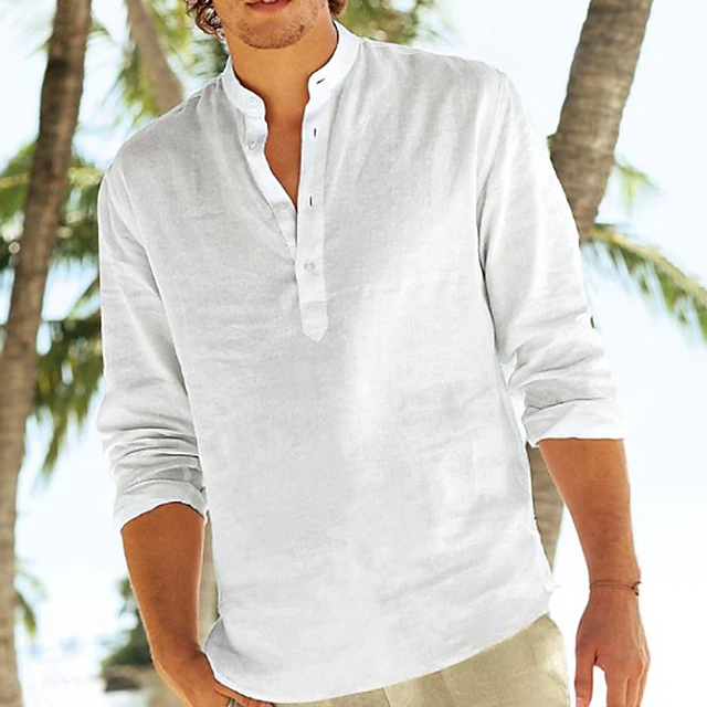Men's Shirt Linen Shirt Popover Shirt Summer Shirt Beach Wear Band Collar Shirt Plain Vacation Curise White Pink Long Sleeve Standing Collar Spring & Summer Clothing Apparel3