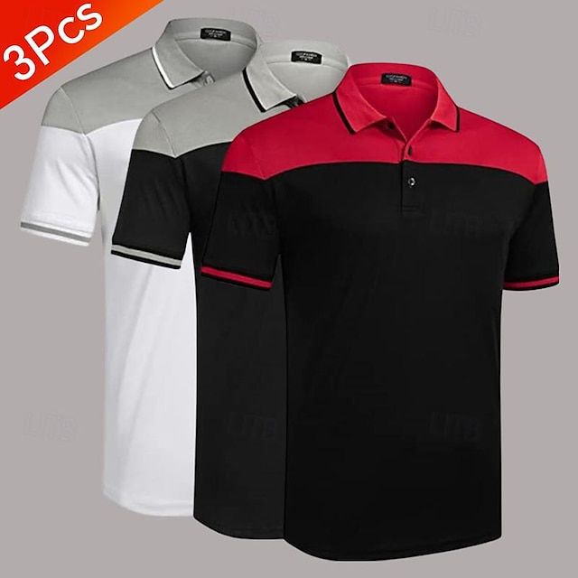  Mehrfachpackungen 3St Herren Kargen Kurzarm Weiß / Schwarz / Rot Polo Golfhemd Golfpolo Spleißen Farbblock Freizeitskleidung Urlaub Polyester Sommer
