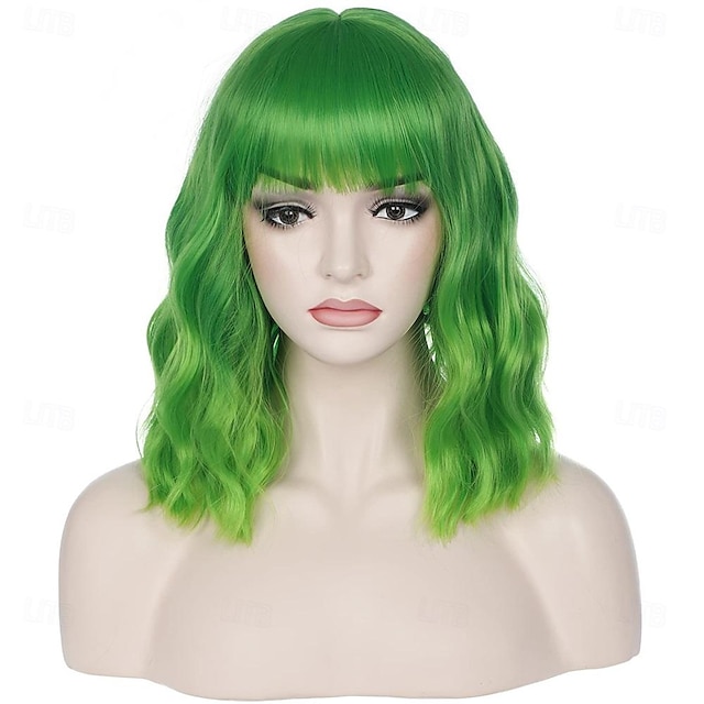  Parrucca verde ombre da 14 pollici con frangia da donna, parrucca corta riccia e ondulata, parrucca sintetica per feste di Halloween, parrucche del giorno di San Patrizio