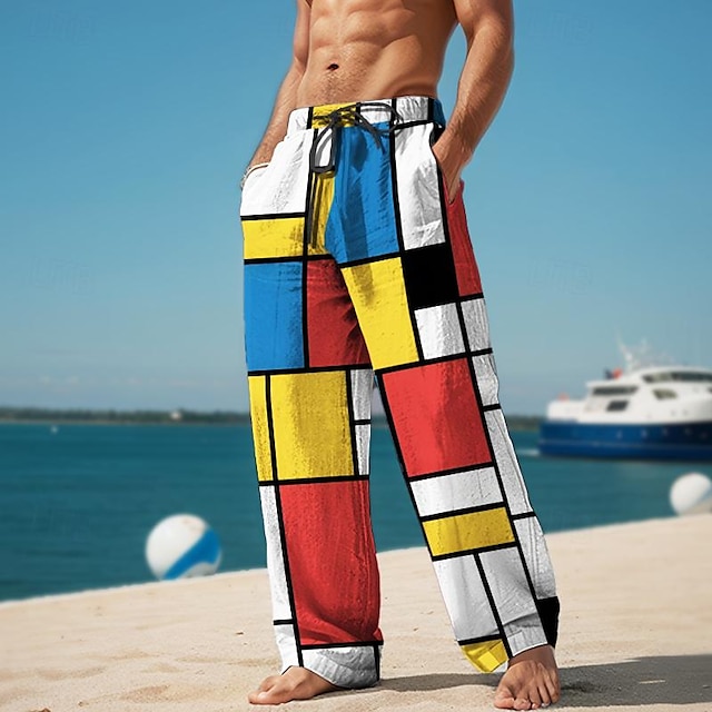  Bloque de color a cuadros Resort para hombres Pantalones casuales con estampado 3D Pantalones Cintura elástica Cordón Ajuste holgado Pierna recta Pantalones de playa de verano S a 3XL