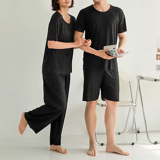  Couple's Pajamas Loungewear Valentine's Day Casual Daily Fashion Short Sleeve Black Spring & Summer