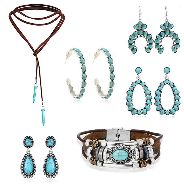  Ensemble de bijoux pour femmes, style bohème rétro, boucles d'oreilles, bracelets, colliers, turquoise