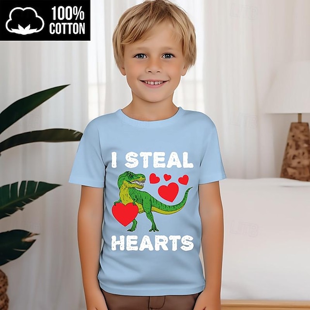  Valentines Băieți 3D Inimă Dinozaur Scrisă Tricou Tricouri Manșon scurt Tipărire 3D Vară Activ Sport Modă 100% Bumbac Copii 3-12 ani 4-12 ani Stil Nautic În aer liber Casual Zilnic Fit regulat