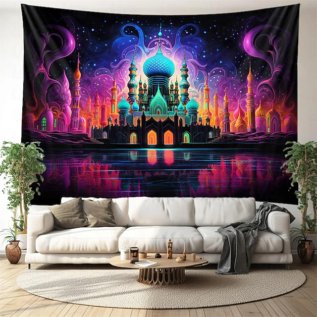 Ramadan Mosque Blacklight Tapestry UV Reactive Glow in the Dark Trippy Misty Nature Landscape Hanging Tapestry Wall Art Mural for Living Room Bedroom 23