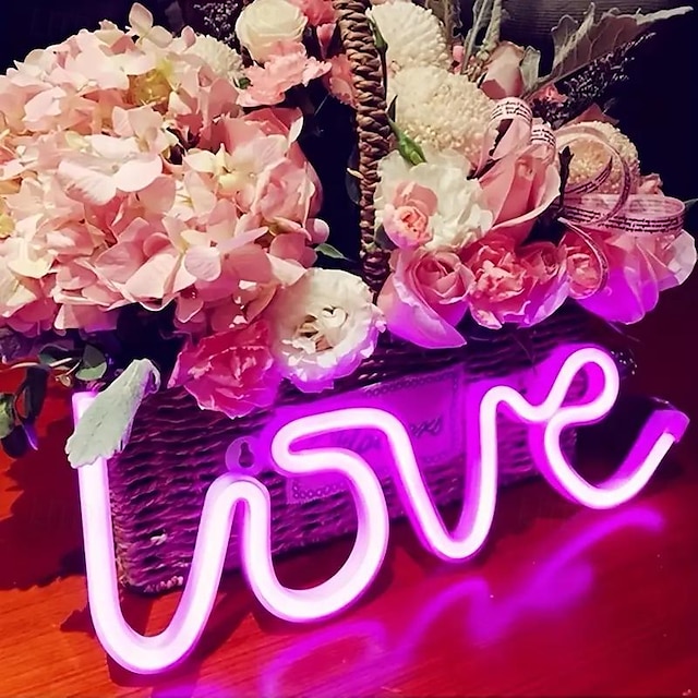  Bright Pink LOVE Neon Sign LED Light Battery/USB Powered LOVE Table And Wall Decor Lights For Girls Room Dormitory Wedding Anniversary Valentine's Day Proposal Birthday Party Home Decoration