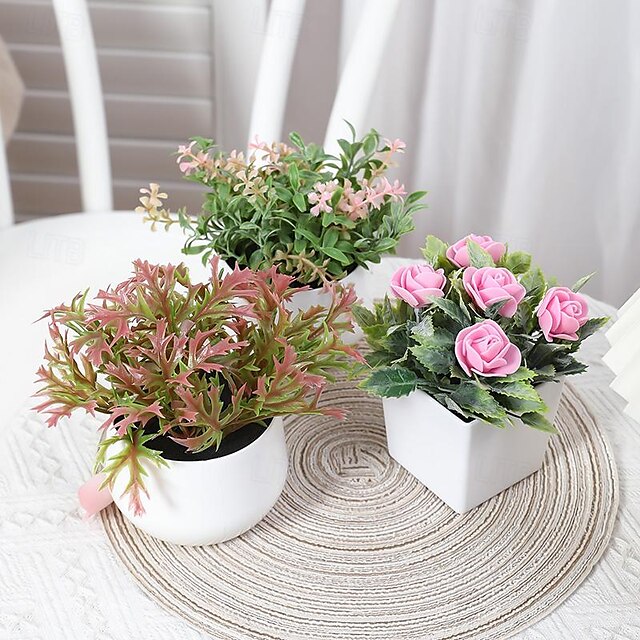  3 pakke små kunstige planter til kontorbord falske mini potteplanter til hylde kunstig grønt eukalyptus plante indendørs til hjemmet soveværelse stue indretning bryllup dekoration