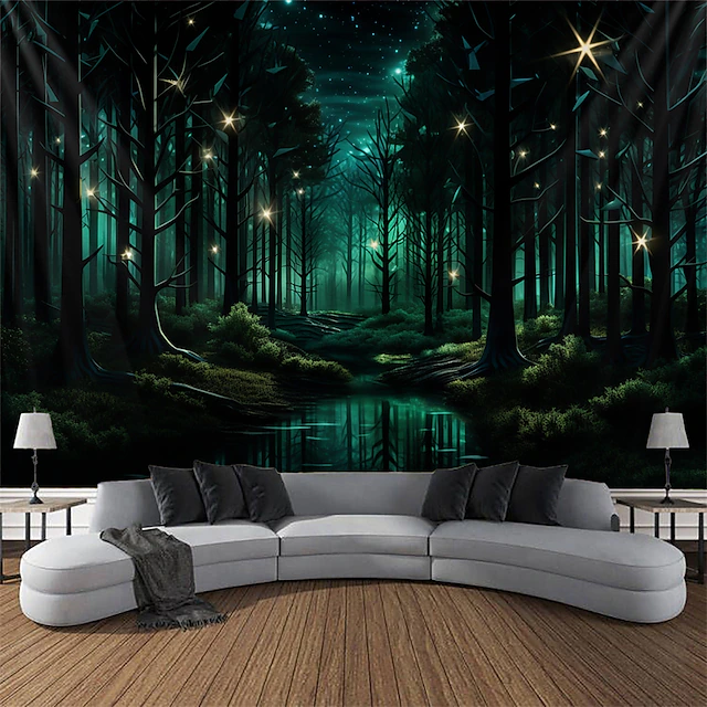 Blacklight Tapestry UV Reactive Glow in the Dark Lamp Post Trippy Misty Nature Landscape Hanging Tapestry Wall Art Mural for Living Room Bedroom Glow Party 23