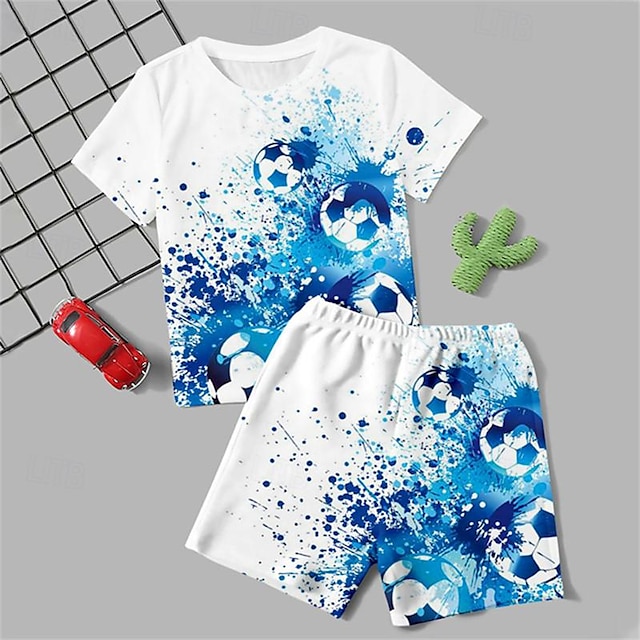  Drenge 3D Fodbold Pyjamassæt med t-shirts og bukser Kortærmet 3D-udskrivning Sommer Aktiv Mode Daglig Polyester Børn 3-12 år Rund hals Hjem Afslappet Indendørs Regulær