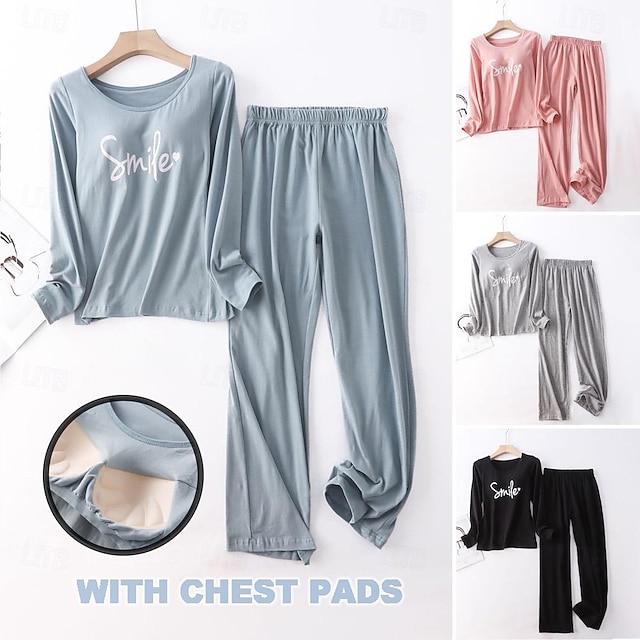  kvinnors pyjamasset brev mode komfort hem daglig säng bomull andas rund hals långärmad t-shirt t-shirt byxa bröstkuddar sommar vår hem outfits