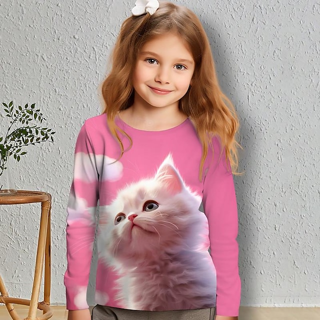  Girls' 3D Cat Tee Shirt Pink Long Sleeve 3D Print Spring Fall Active Fashion Cute Polyester Kids 3-12 Years Crew Neck Outdoor Casual Daily Regular Fit