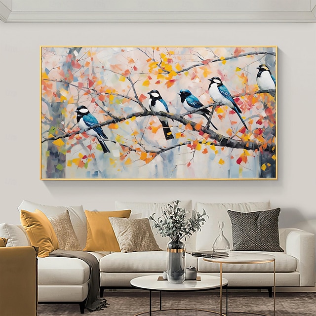  Handgefertigtes originales blaues Vogel-Ölgemälde auf Leinwand, Wandlandschaft, Kunstgemälde für Heimdekoration mit gespanntem Rahmen/ohne innere Rahmenmalerei