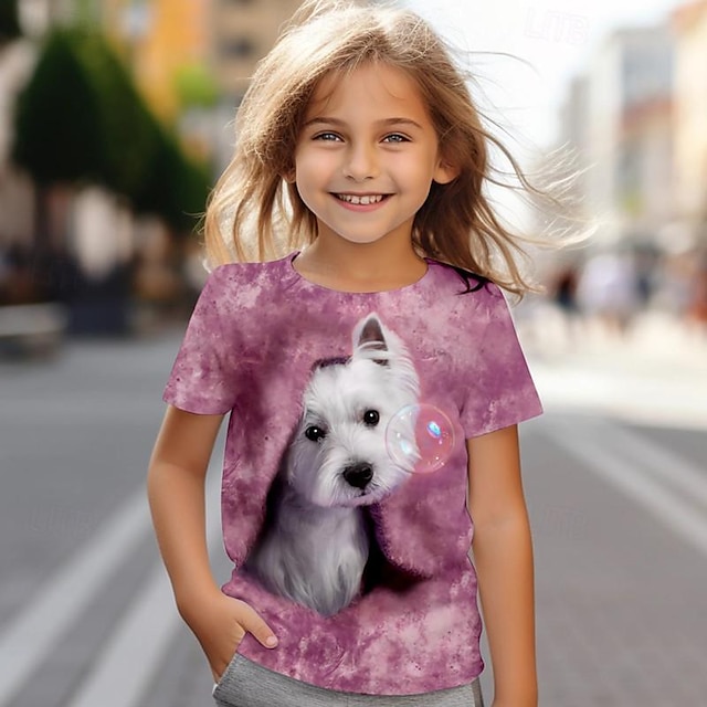  Pige 3D Hund T-shirt Skjorte Pink Kortærmet 3D-udskrivning Sommer Aktiv Mode Sød Stil Polyester Børn 3-12 år Rund hals udendørs Afslappet Daglig Regulær