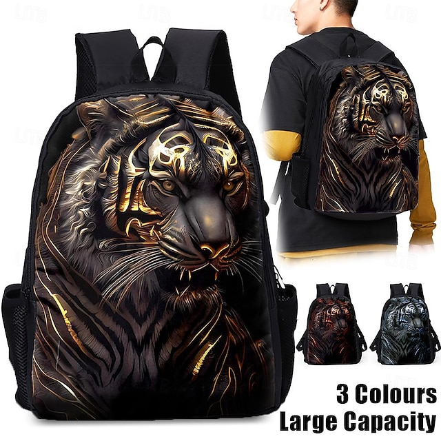  Men's Backpack 3D Print Commuter Backpack School Outdoor Daily Tiger Polyester Large Capacity Breathable Lightweight Zipper Print Yellow Red Blue