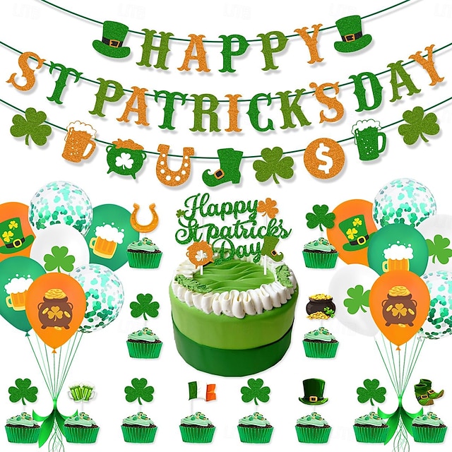  St Patricks Day Decorations Kit Felt Shamrock LUCKY Banner, Including Letter Banner, Swirls, Lucky Green Clover Cupcake Toppers, for St Patrick's Day Party Favors