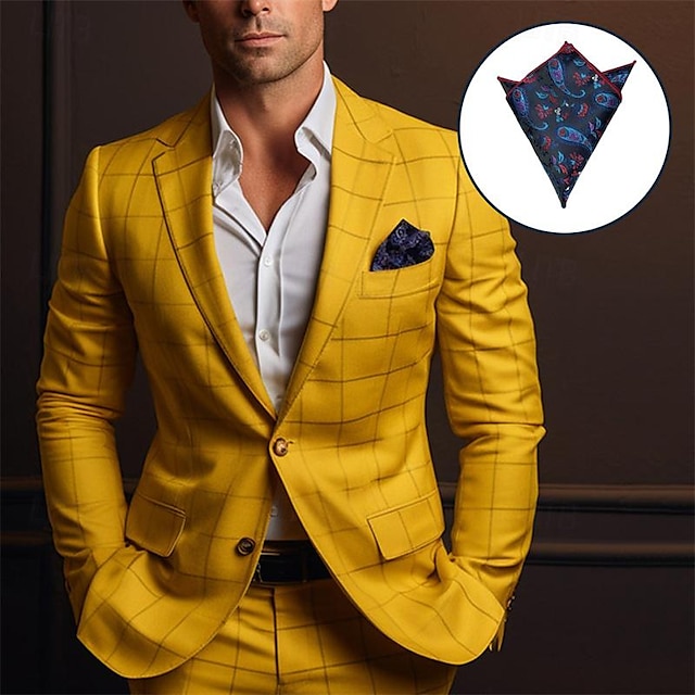  Men's Matching Sets Yellow Blazer Sets Long Sleeve Lapel Wedding Event / Party Plaid 2 Piece Polyester Spring &  Fall