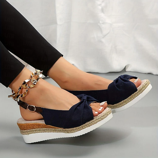 Women's Sandals Espadrilles Walking Solid Color Summer Bowknot Platform ...